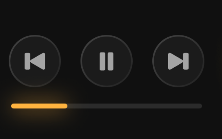 Previous, play/pause and next buttons above an amber progress bar.